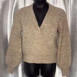 ASTR The Label Taupe Acrylic Wool Blend Women’s Small Wrap V Neck Fuzzy Sweater